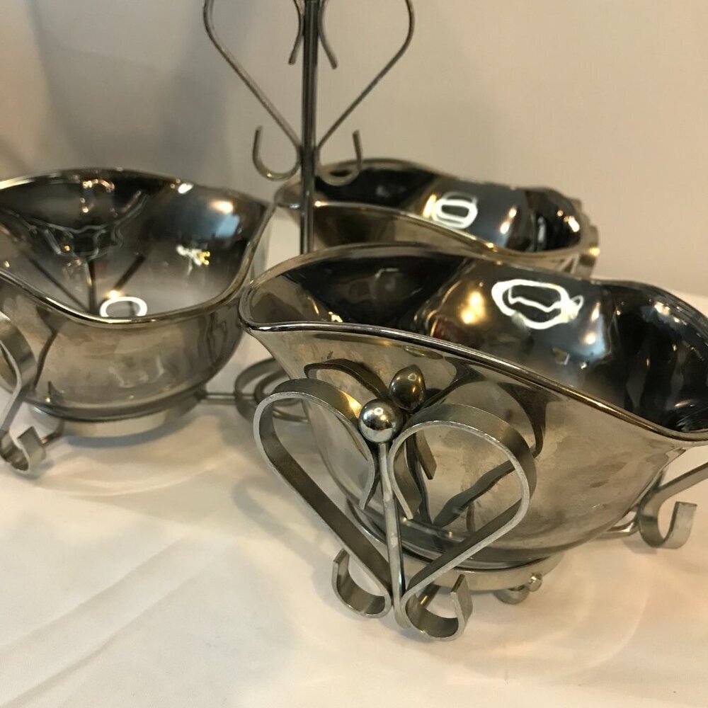 Vintage MCM Trio of Silver Ombre Dishes with Silver Metal Caddy, relish, serving - Picture 9 of 12